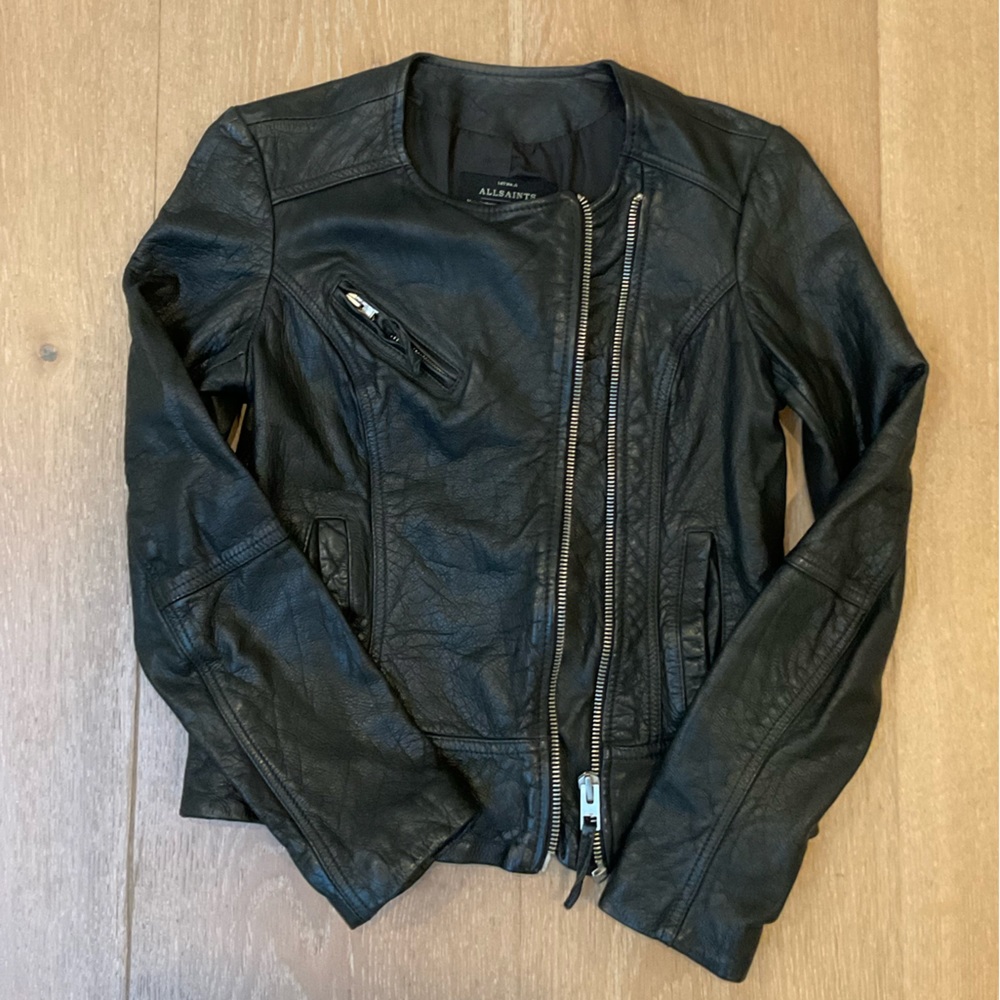 AllSaints Black Leather Zip Moto Jacket